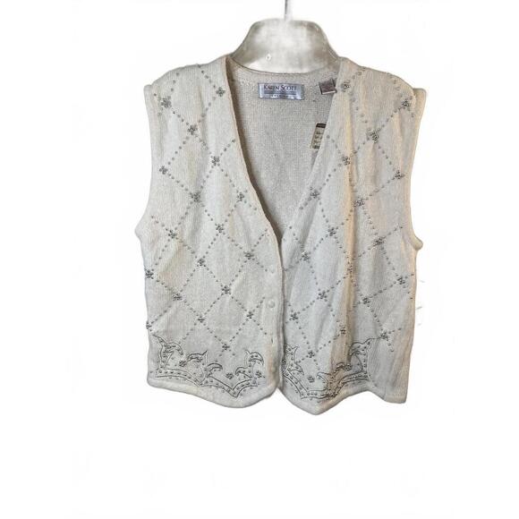 Karen Scott Sweaters - Vintage Karen Scott Off-White Sweater Vest Beaded Embroidered Silk Blend Large